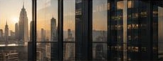 A city skyline framed by modern architecture