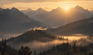 Golden morning light rising over layered mountain ridges